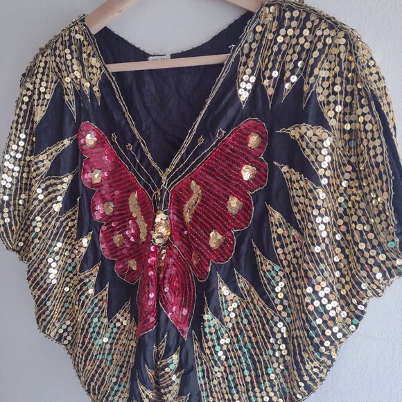 Vintage Butterfly Silk Blouse S M L Gold Red Sequin Fun Disco Going Out Top - Picture 7 of 9
